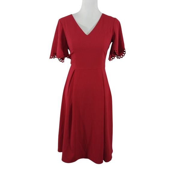 NWT@$50! H & M! ROUGE RED SCALLOPED/,LACE SLEEVE SHIFT STYLE MIDI DRESS! SZ 2 - Picture 2 of 11